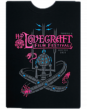 H. P. Lovecraft Film Festival Providence 2021 event T-shirt featuring the Tillinghast resonator in dark gray with neon magenta and brite blue accents